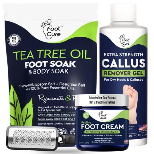 

Foot Cure 4 In 1 Pedicure Kit Set - Professional Extra Strength Foot Callus Remover Gel, Tea Tree Oil Foot Soak, Foot File & 40% Urea Cream for feet -