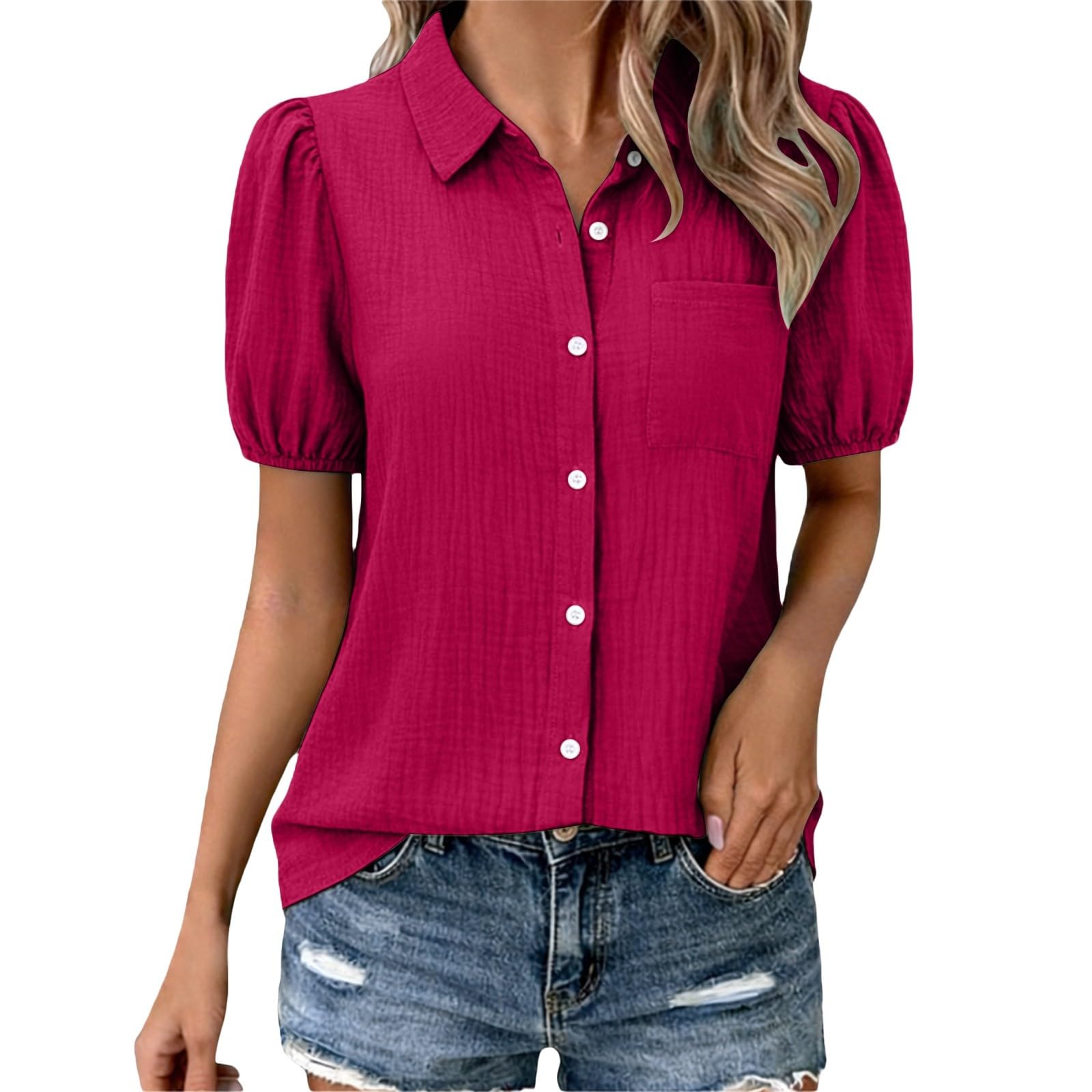 Women s Casual -Color Collared Bell-Sleeve Loose-Fit Button-Down Shirt XXL