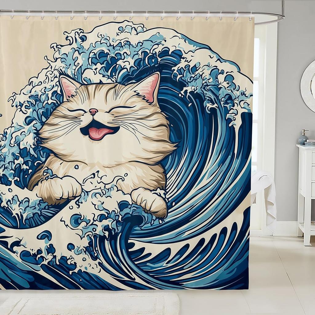 Cat Shower Curtain Japanese Style Bathroom Shower Curtain Sets for Kids Boys Girls Teens,Ocean Wave Fabric Shower Curtain