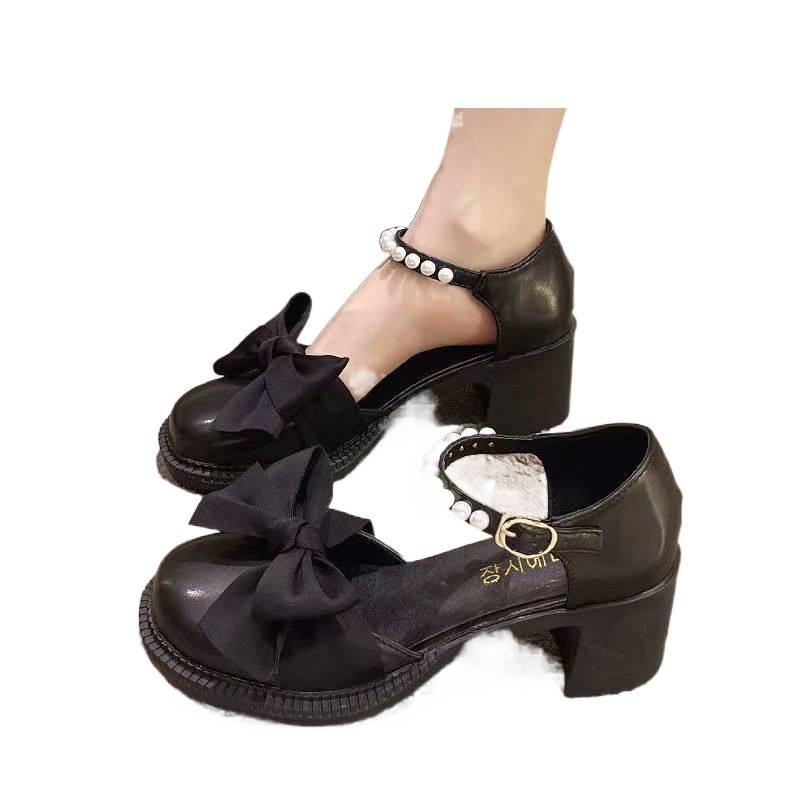 Mary Jane French high heels women's summer new pearl bow thick heel non-slip versatile small leather shoes bridesmaid shoes