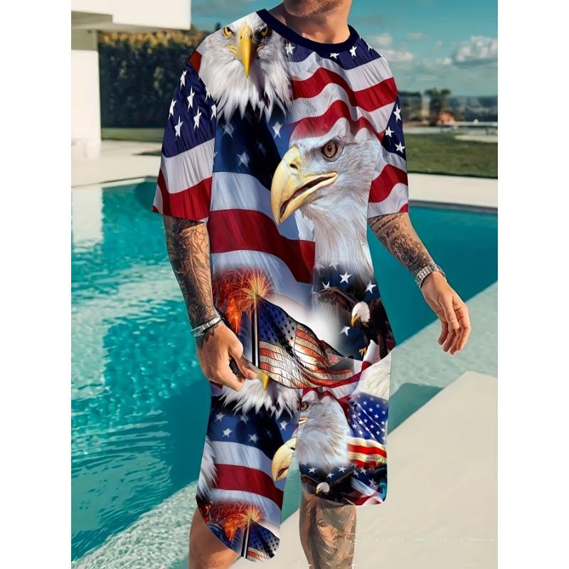 American Flag Eagle 3D printed 2 piece men s casual loungewear set including graphic tee, shorts and tracksuit S