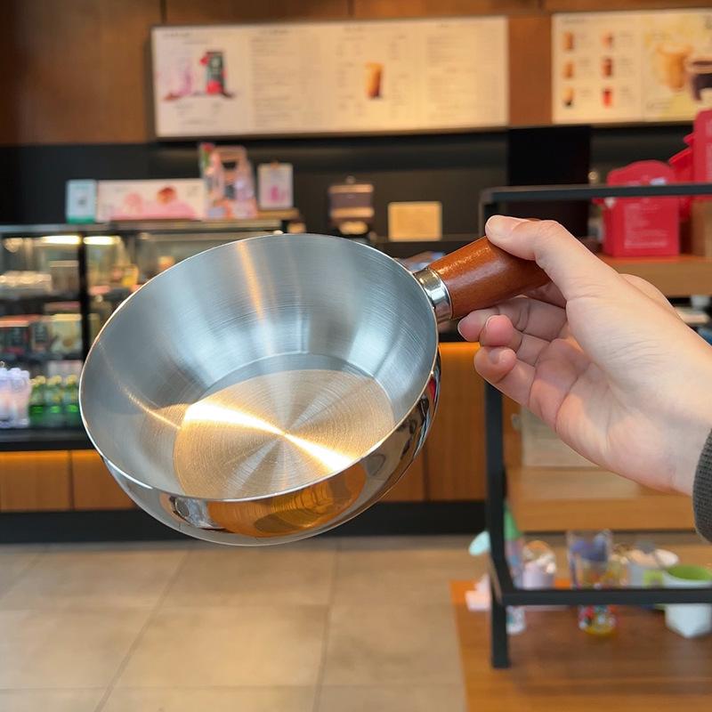 Single-Person Pot Stainless Steel Bowl Walnut Wood Handle Fruit Salad Yogurt Bowl Breakfast Cooking Tool Kitchen Restaurant