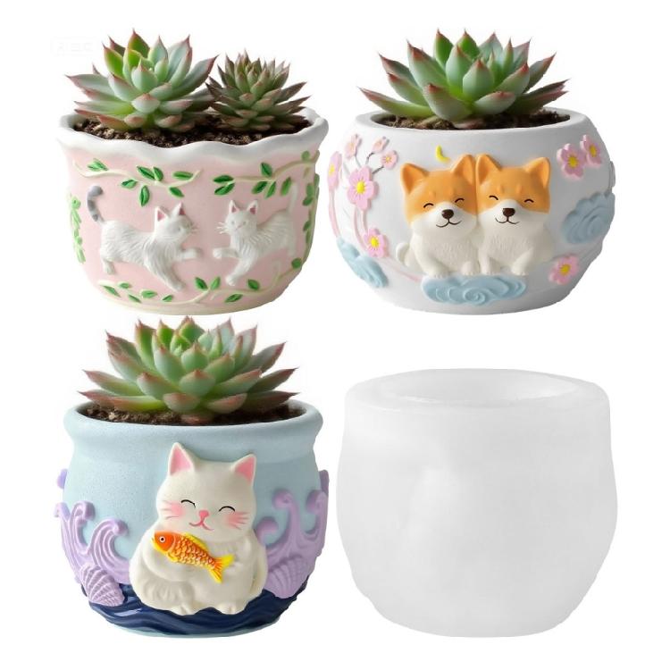 Multifunktionale Silikon-Handgefertigte Form Haustier-Tier-Muster Blumentopf-Formen Geeignet für Harz-Schmuck-Pflanzgefäße Projekte