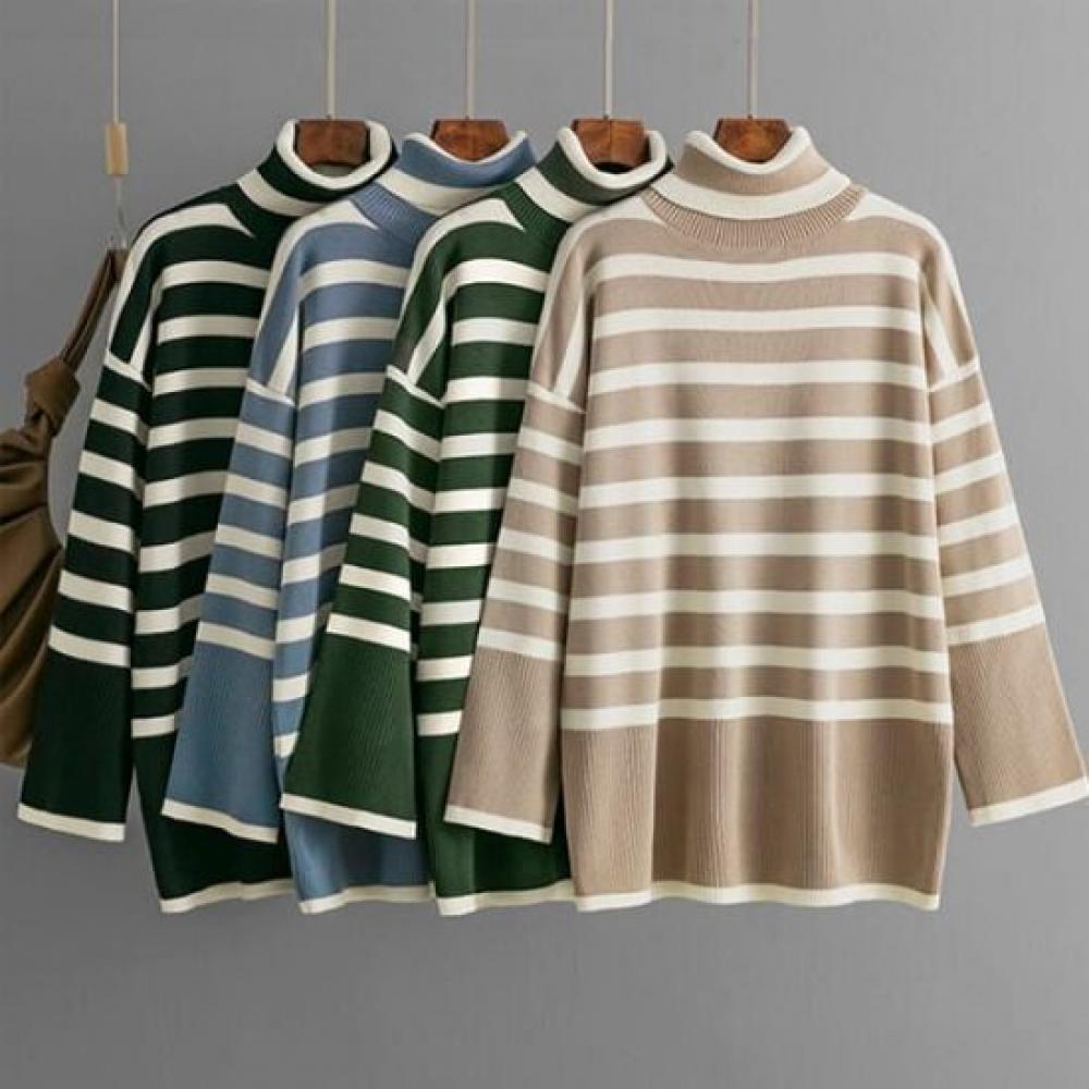 Navava Casual Stripe Turtle Neck Long Sleeve Knit Nk2674