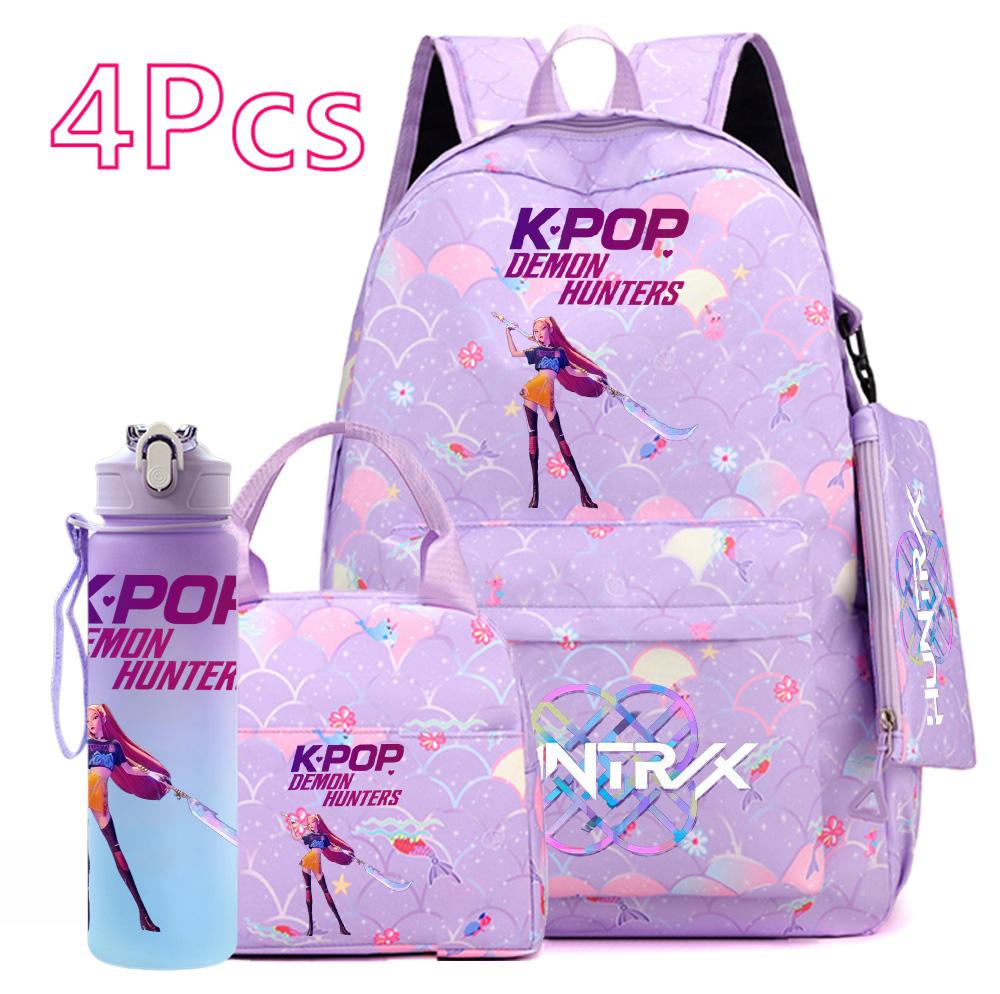 Set da 4 pezzi/set Zaino stampato KPOP cartone animato con borsa a mano astuccio borraccia da 750 ml per adolescente ragazzo ragazza zaino di grande capacità borsa da scuola zaino