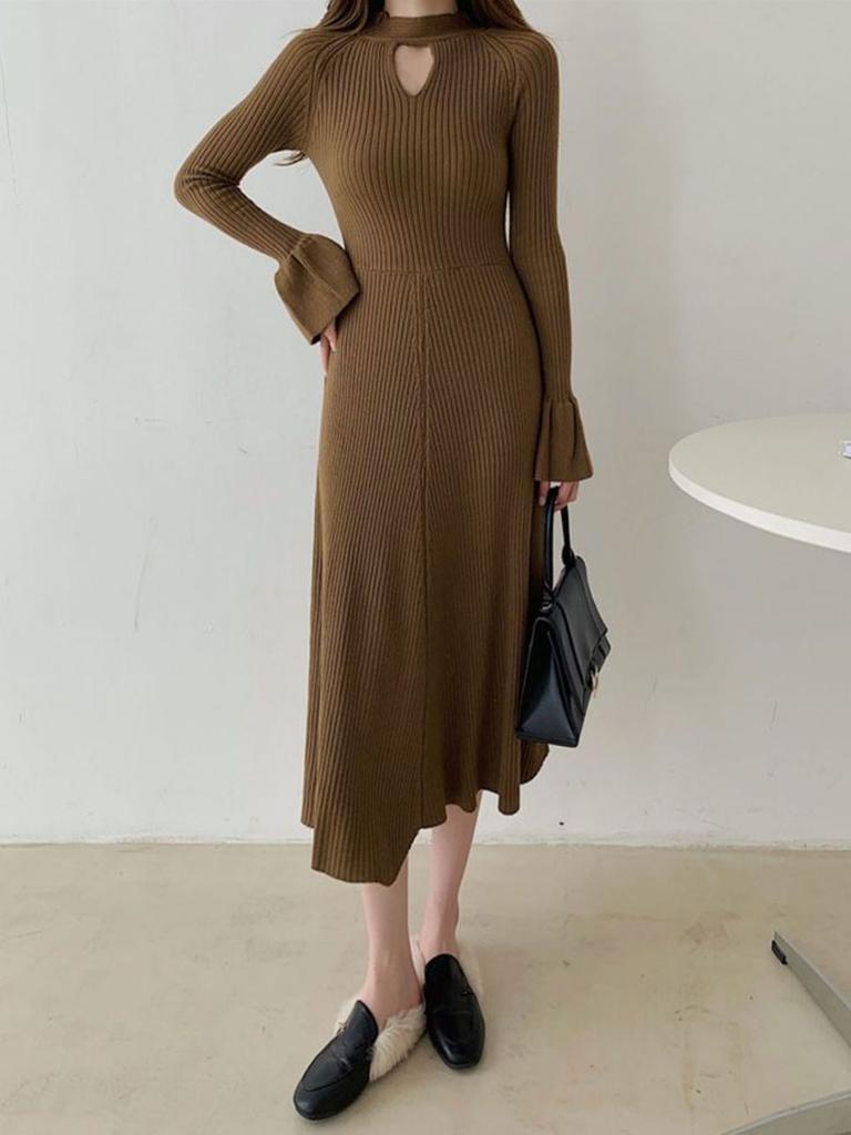 Women's Knitted Dress Long Sleeves Half Turtleneck Sweater Dress Hollow Fashion Clothing Autumn Winter