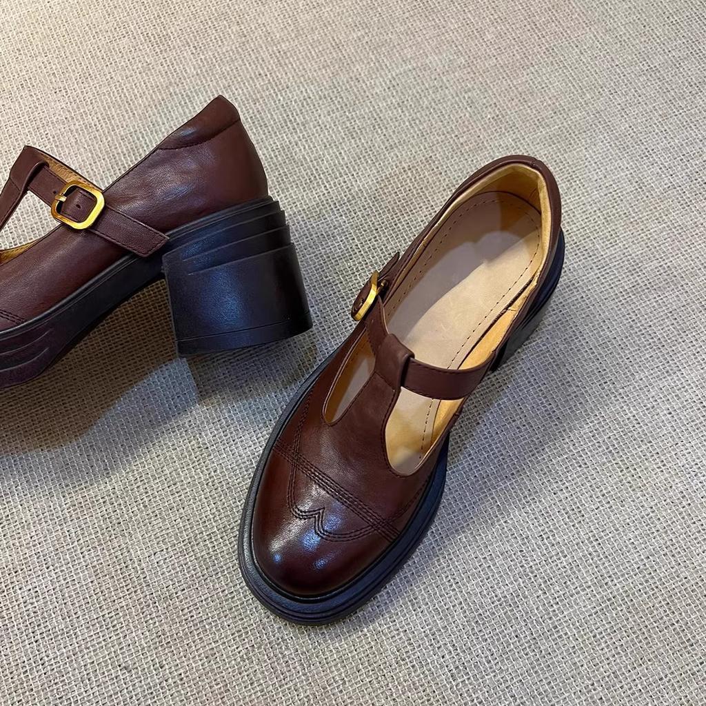 Sheepskin version~ platform thick heel retro small leather shoes women's genuine leather loafers round head single shoes Mary Jane shoes
