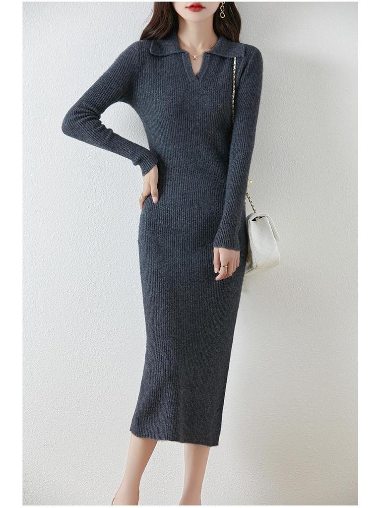 Autumn/Winter Wool Turn-Down Collar Slim-Fit Knitted Dress with Over-the-Knee Slit and Coat Set