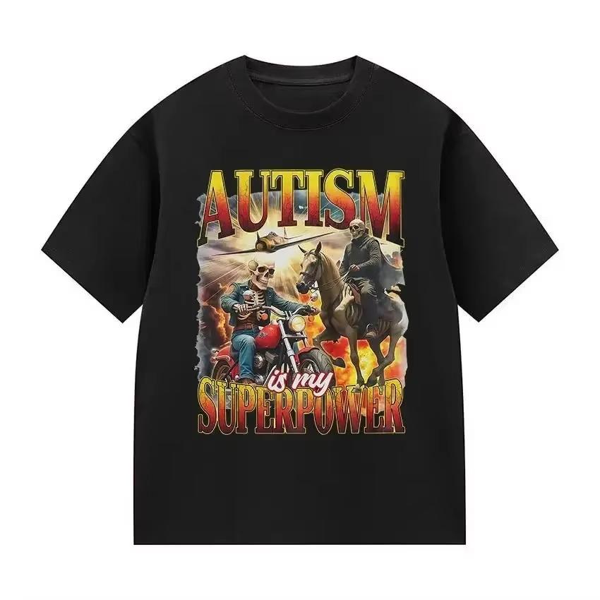 Autism Is My Superpower Gothic Pattern TShirt Fun Casual Cute Bicycle ShortSleeve TShirt Summer Round Neck TShirt S