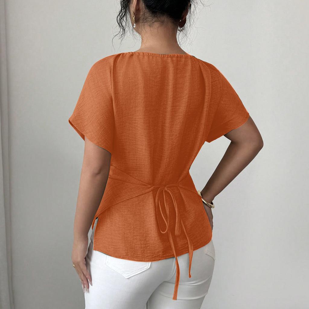 Ladies' Fashionable Casual Short Sleeved Slim Fit Cross Casual Temperament Top