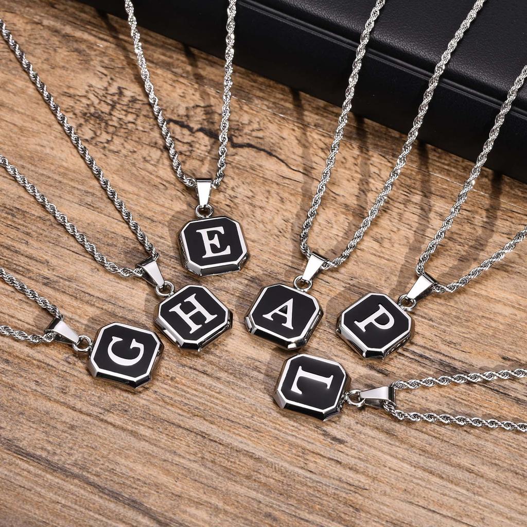 Initials Necklaces for Men Women,A-Z 26 Letters Black Square Stainless Steel Pendant Collar,45-60CM Twisted Rope Chain Gifts