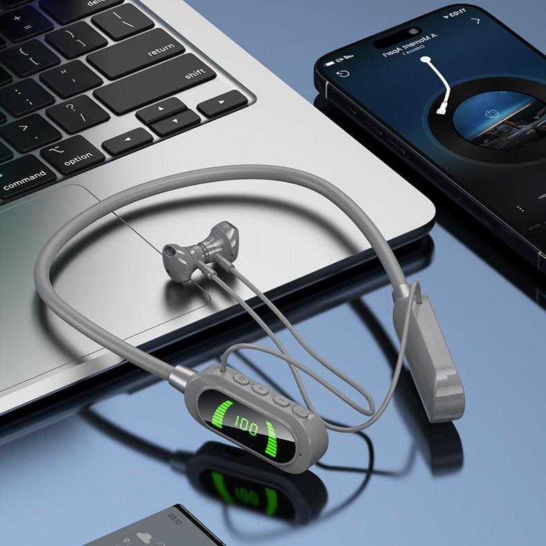 Bluetooth 5.4 Wireless Magnetic Bluetooth Headset Neckband Headphones 360° Stereo Surround Earbuds with Mic LED Digital Display