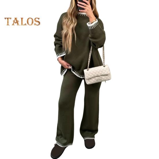 2 szt./zestaw zimowy sweter spodnie zestaw O szyi luźny dzianinowy gruby długi rękaw sweter szerokie nogawki ciepłe spodnie codzienny strój szkoła odzież domowa ubrania sportowe