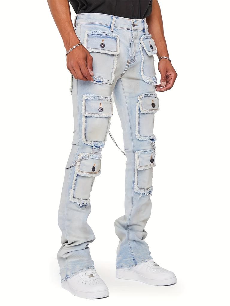 Meeste teksapüksid Sirged Püksid Keskmine Vöökoht Denim Lapitehnika Tõmblukuga Kinnis Tööriistataskud Ühevärvilised Pahkluupikkus Kerge Venivus High Street
