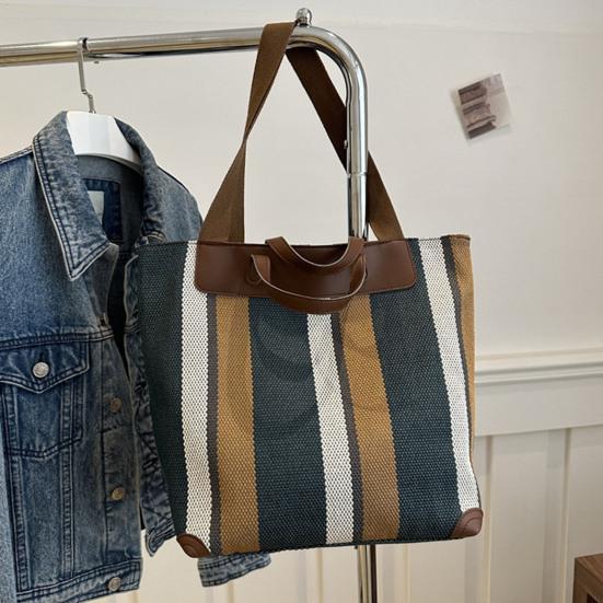 Striped Shoulder Bag Ladies Canvas Tote Bag Zipper Closure Handbag Shoulder Tote for Daily Use Commuting Dating Parties