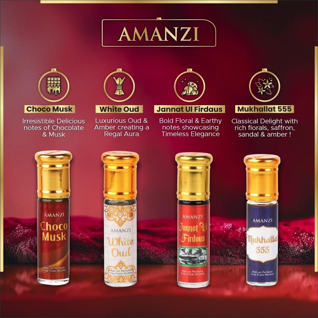 Non-Alcoholic Roll-On Attar Perfume Collection for Men & Women, Special Occasions - Choco Musk, White Oud, Jannat Ul Firdaus, Mukhallat