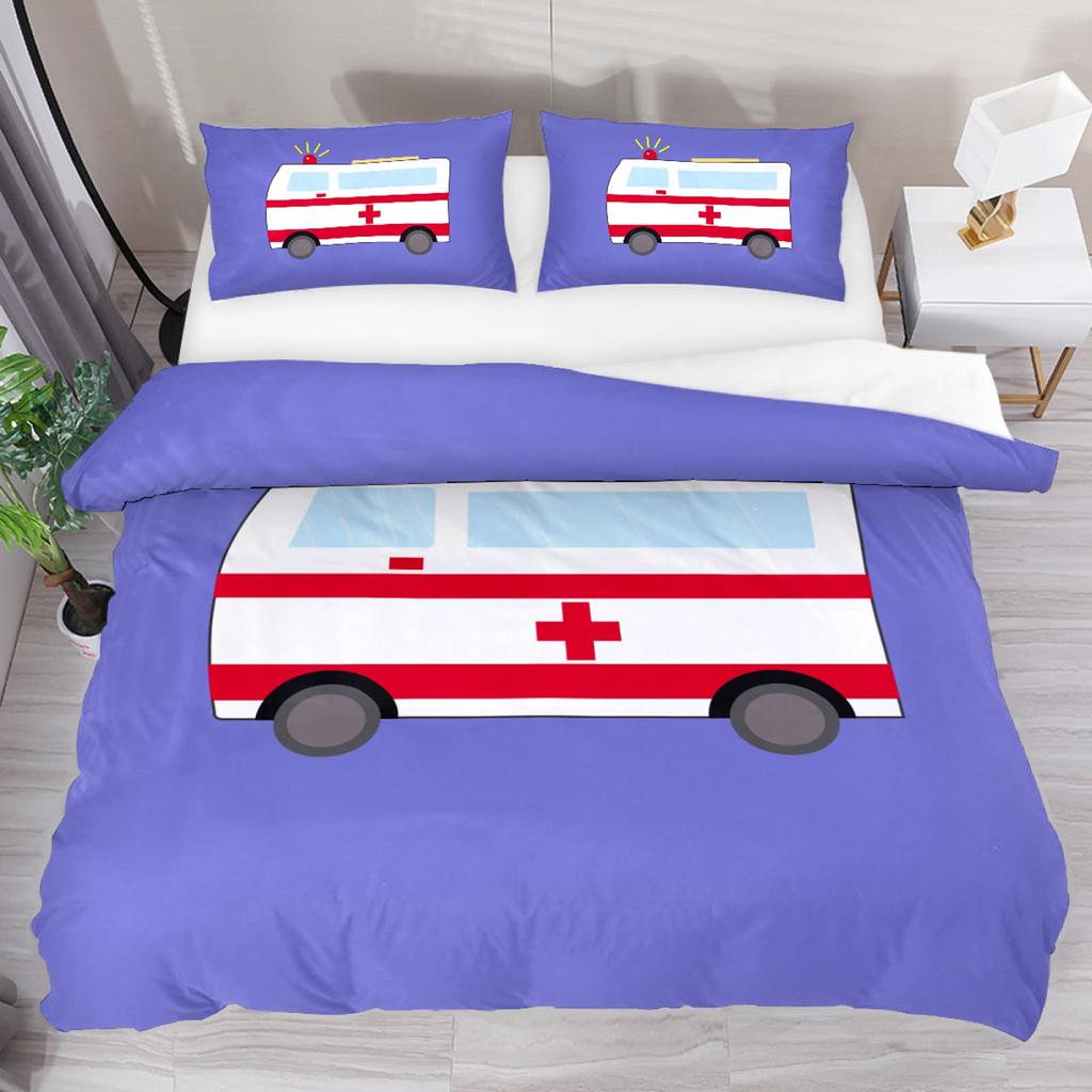 Ambulance Car King Queen Duvet Cover White Cartoon Medical Car Bedding Set For Kid Hospital Rescue Vehicle Polyester Quilt Cover
