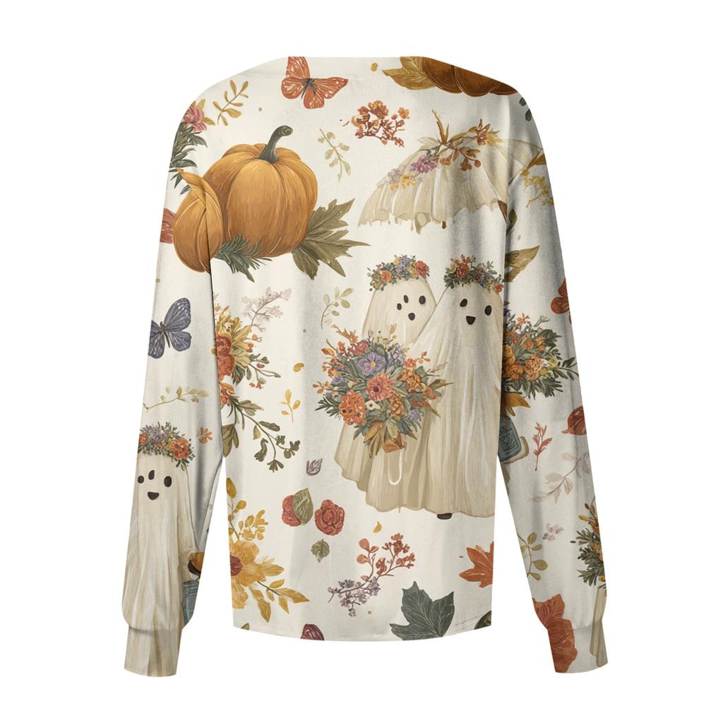 Women's Casual Long Sleeve Single-Breasted Cardigan with Halloween Print