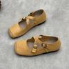 Johnature Handmade Cross Buckle Genuine Leather Soft Soled Flats Square Toe Soft Cowhide Women's Shoes