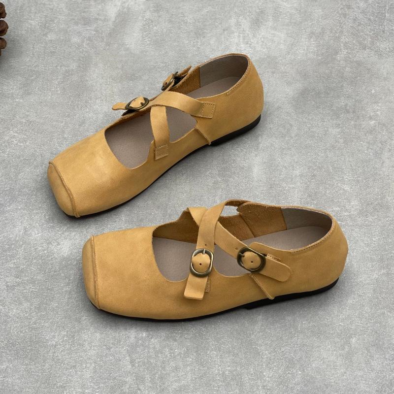 Johnature Handmade Cross Buckle Genuine Leather Soft Soled Flats Square Toe Soft Cowhide Women's Shoes