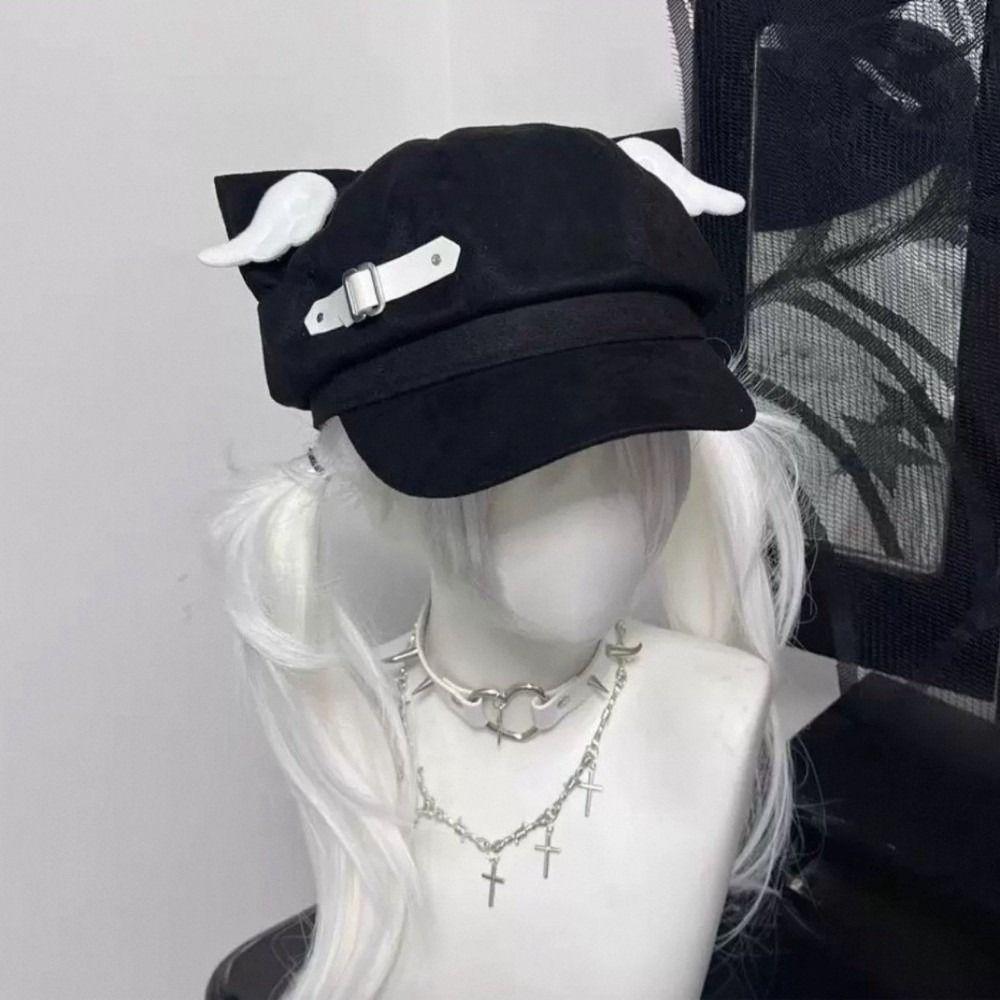 Leather Buckle Newsboy Cap Mini Wing Decor Streetwear Hat Harajuku Cat Ear Beret Hat  Daily