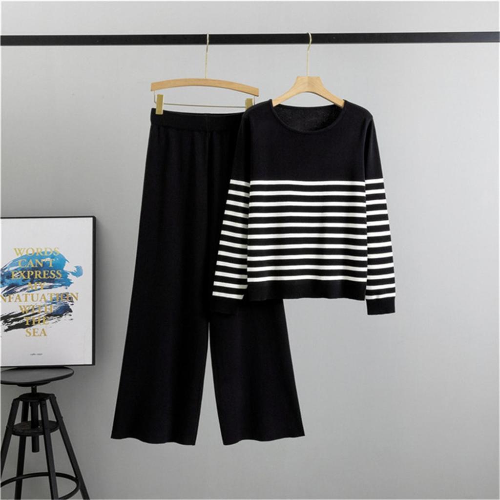 Spring Casual Fashion Suit Fashionable Striped Knitted Top Wide Leg Pants Two Piece Set for Women