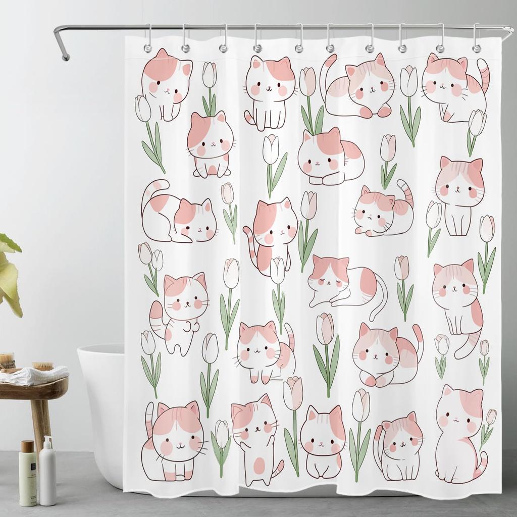 Boho Green Botanical Shower Curtain for Bathroom, Nature Plant Flower with Funny Black Cat Fabric Shower Curtain, Rustic Country