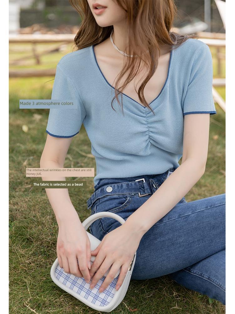 

Mishow Вязаная футболка для женщин, летние трусы с принтом Versatitle, v-образный вырез, мягкие складки, тонкая блузка с короткими рукавами, женская одежда MXB25Z0485