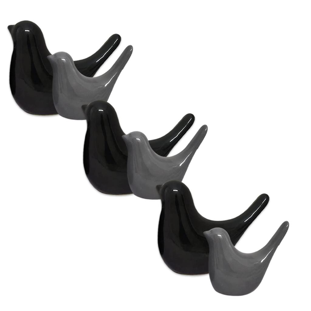 Creative Grey and Black Glossy Ceramic Birds Figurines Home Decorations Accessories Party (Pack of 6, Black & Grey)