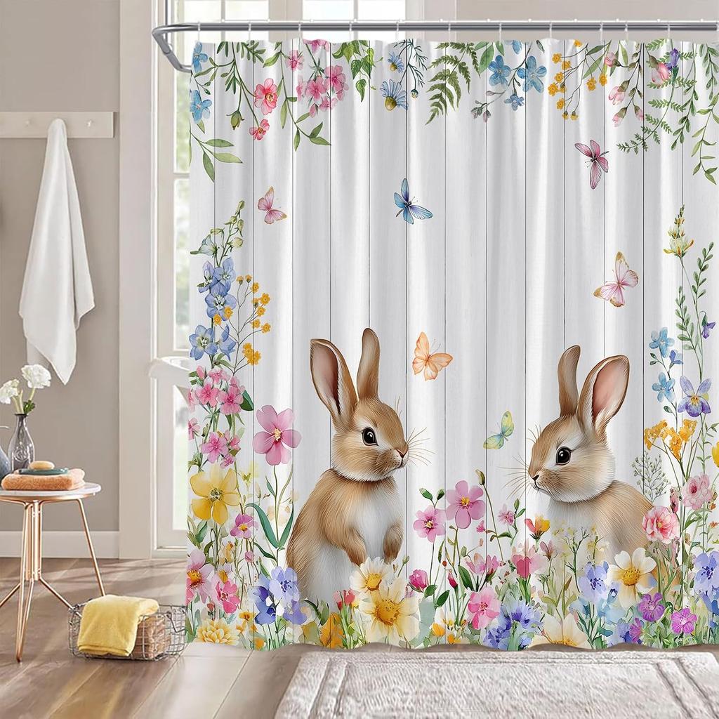 Spring Easter Bunny Shower Curtains Cute Rabbits Watercolor Flower Floral Butterfly Nature Happy Easter Holiday Fabric Bathroom Fabric Curtain with
