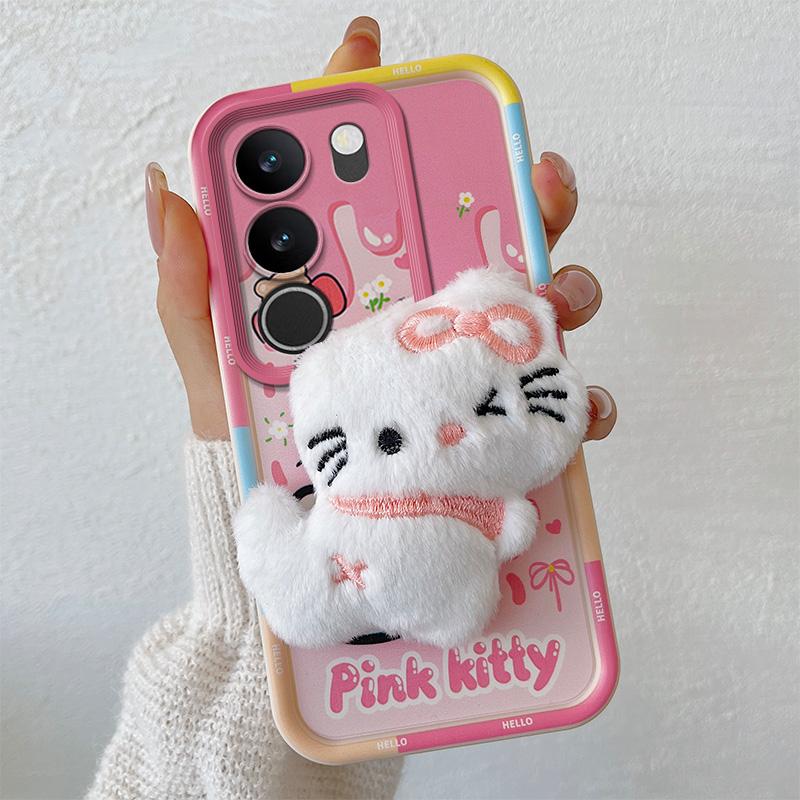 KEYSION Cute 3D Cartoon Plush Case for VIVO V29 5G with Lanyard Soft Silicone Shockproof Phone Back Cover for VIVO V29 5G