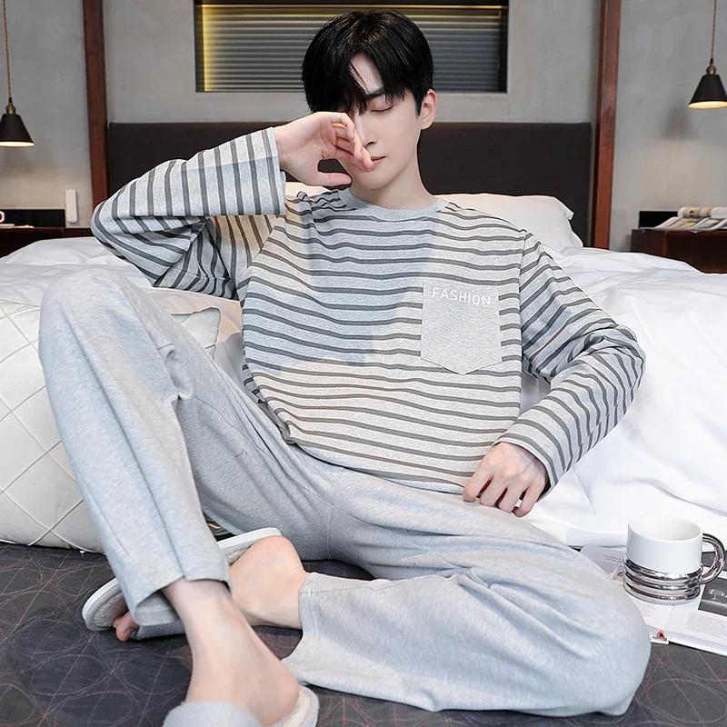 Baumwolle Herren Pullover Nachtwäsche Herbst Frühling Langarm Nachtwäsche 2 Stück Pyjamas Set Männlich