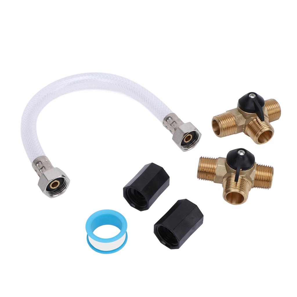 RV Water Heater Bypass Kit 12 Inch Reinforced Hose 1 2 NPT Brass Tee Valves Pipe Fittings and Sealing Tape Set