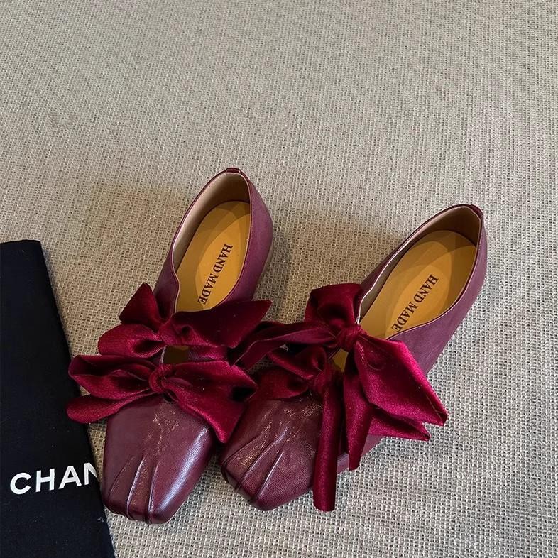Cowhide Version! Retro Niche Pleated Mary Jane Shoes Women's New Versatile Light Mouth Straps Square Head Thick Heel Single Shoes