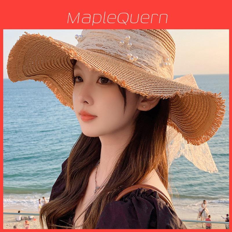 Straw Hat For Women With Wide Brim Polyester Sun Protection And Sweet Bow Accent For Summer Outdoor Wear
