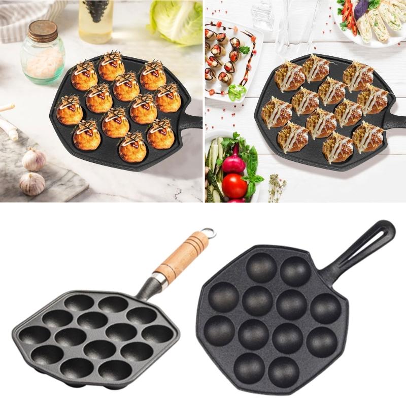 Takoyaki Maker Pan 14 Hole Design Oven Safe Iron No Coating Half Sphere Octopuses Ball Maker For Home Cooking Tool