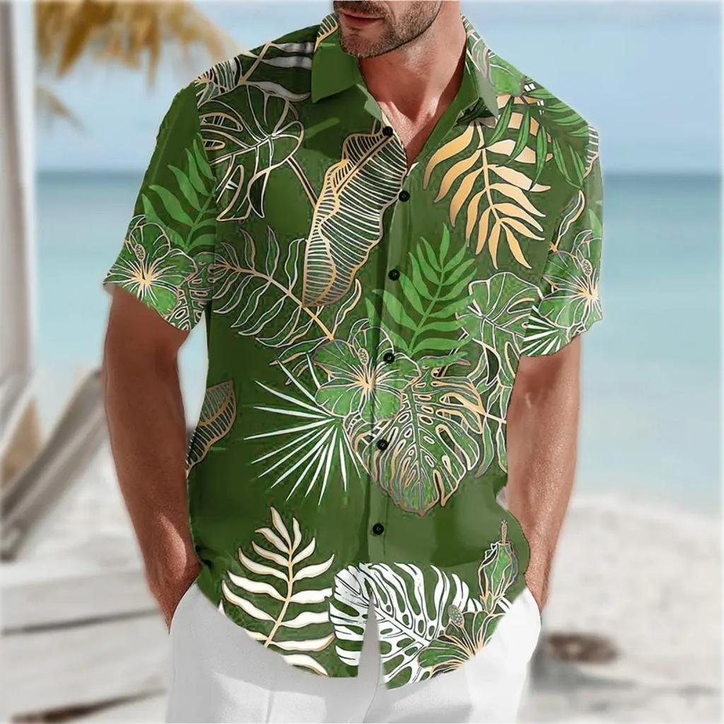 Men's Tropical Plant Print Short Sleeve Shirt, Loose Fit Lapel Button-down Top for Beach Vacation and Daily Wear