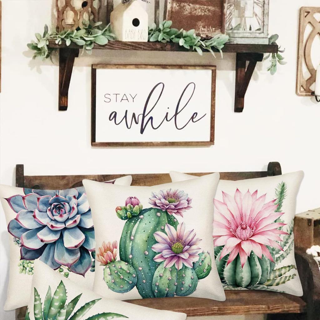 Succulent Cactus Floral Pillow Covers 22 X 22 Inch Set of 4 Tropical Green Plants Flower Summer Decorative Throw Pillow Case Cotton Linen Square