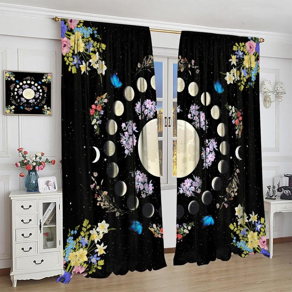 Bohemian Butterfly Moon Floral Curtains Vintage Mandala Flower Leaves Plants Gothic Window Drapes Living Room Bed Darkening Polyester Great Decor