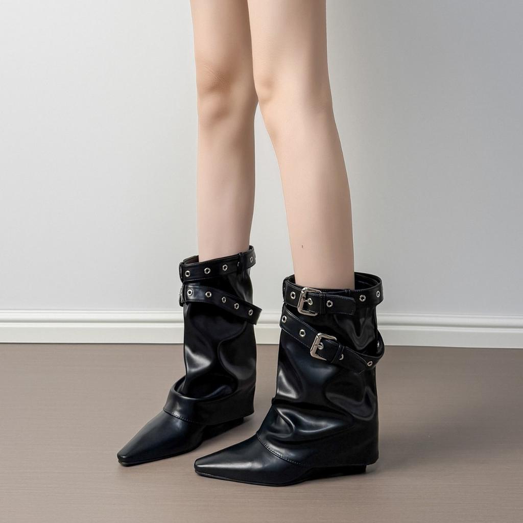 Spice Girl Medium Tube Leather Fashion Boots Rivet Belt Buckle Skinny Knight Boots Pointed Folds New Women's Thick Heel