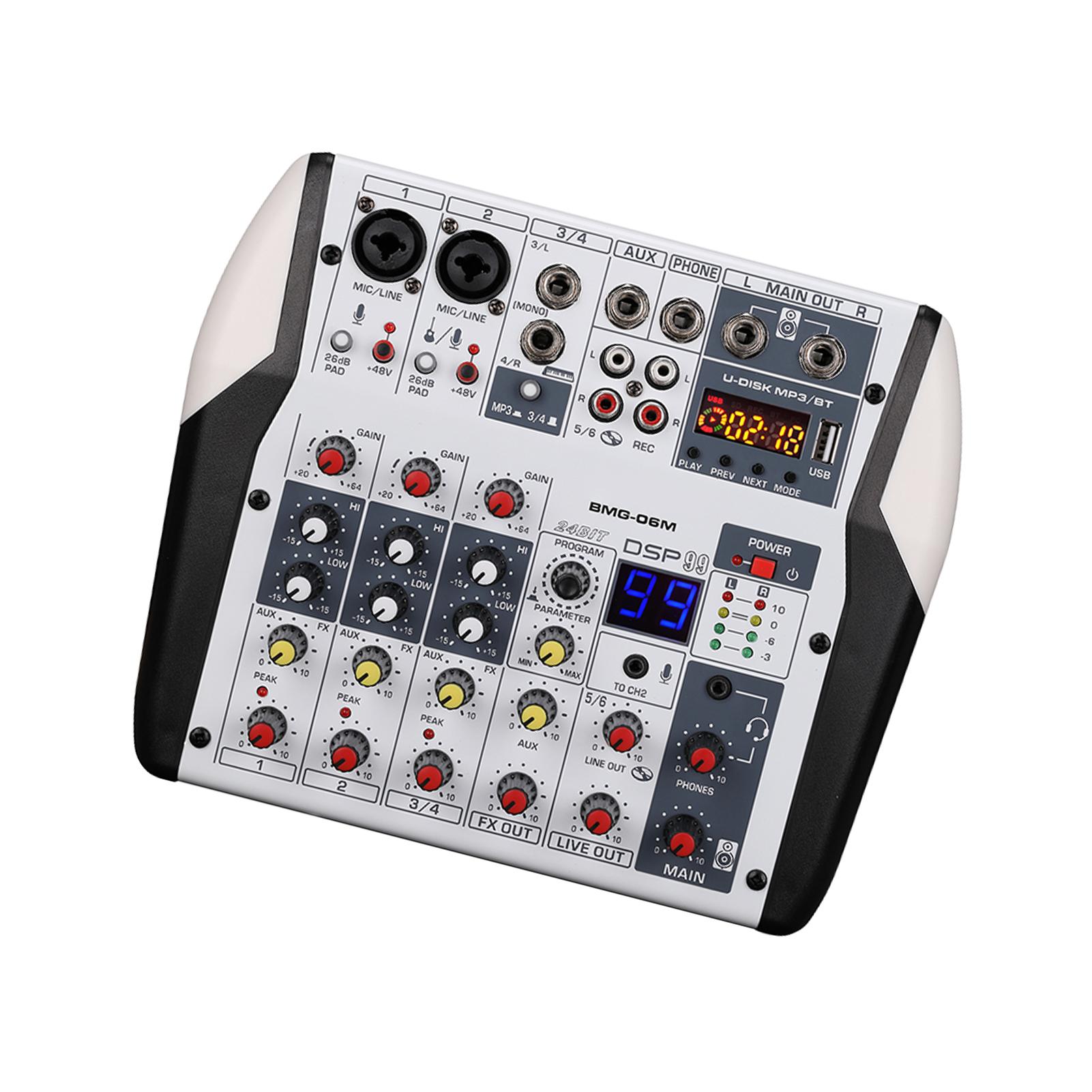 

BOMGE 6-канальный DJ-аудиомикшер Профессиональная звуковая карта Стереозапись MP3 USB BT Вход Фантомное питание 48 В 99 DSP белый