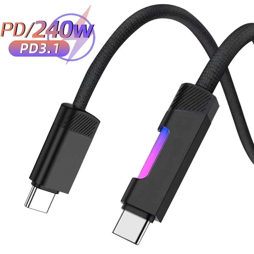 240W 6A RGB Fast Charging USB Type-C Cable - LED Ambient Light Nylon Braided Data Cord for Phone Fast Charge