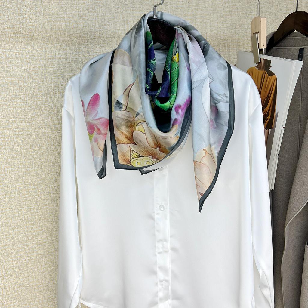 Guochao Lotus Landscape 100% Mulberry Silk Scarf - Versatile Women's Square Shawl