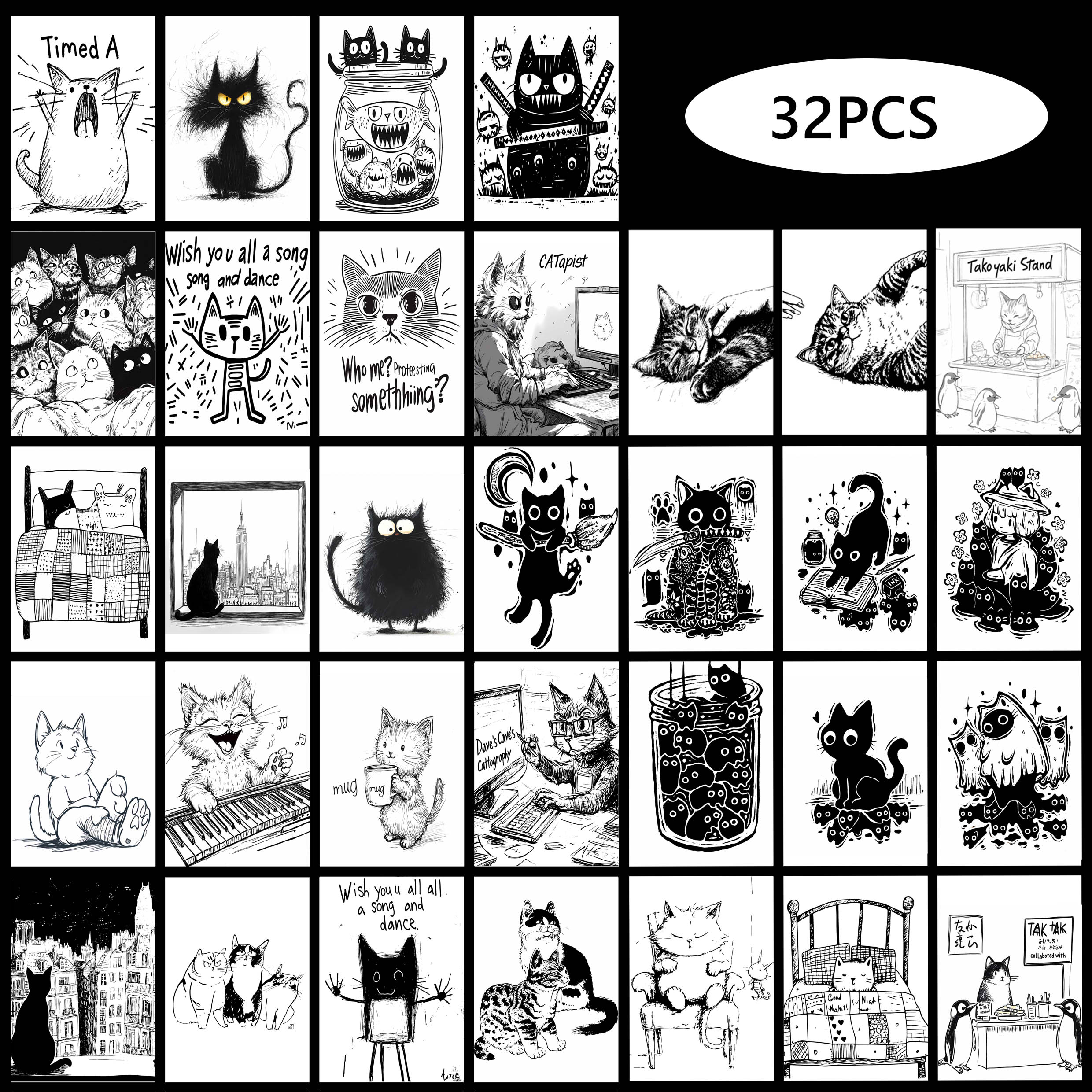 

32pcs, comic cat postcards, wall stickers, mailing cards, greeting cards, DIY postcards, souvenir postcards, decorative items