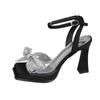 Summer New Water Diamond Bow One Button Women's High Heel Sandals Thick Heel Waterproof Platform Sandals