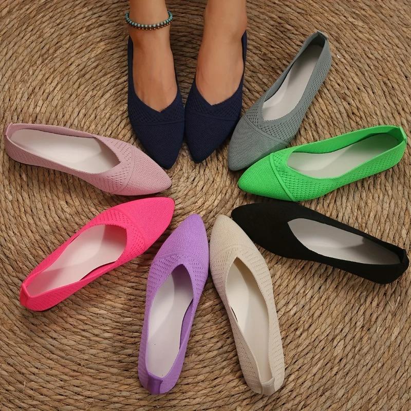 Fashion New Women Flat Shoes Pointed Toe Solid Color Knitted Slip on Ladies Shoe Casual Breathable Ballet Women Flat Shoes Loafers Women