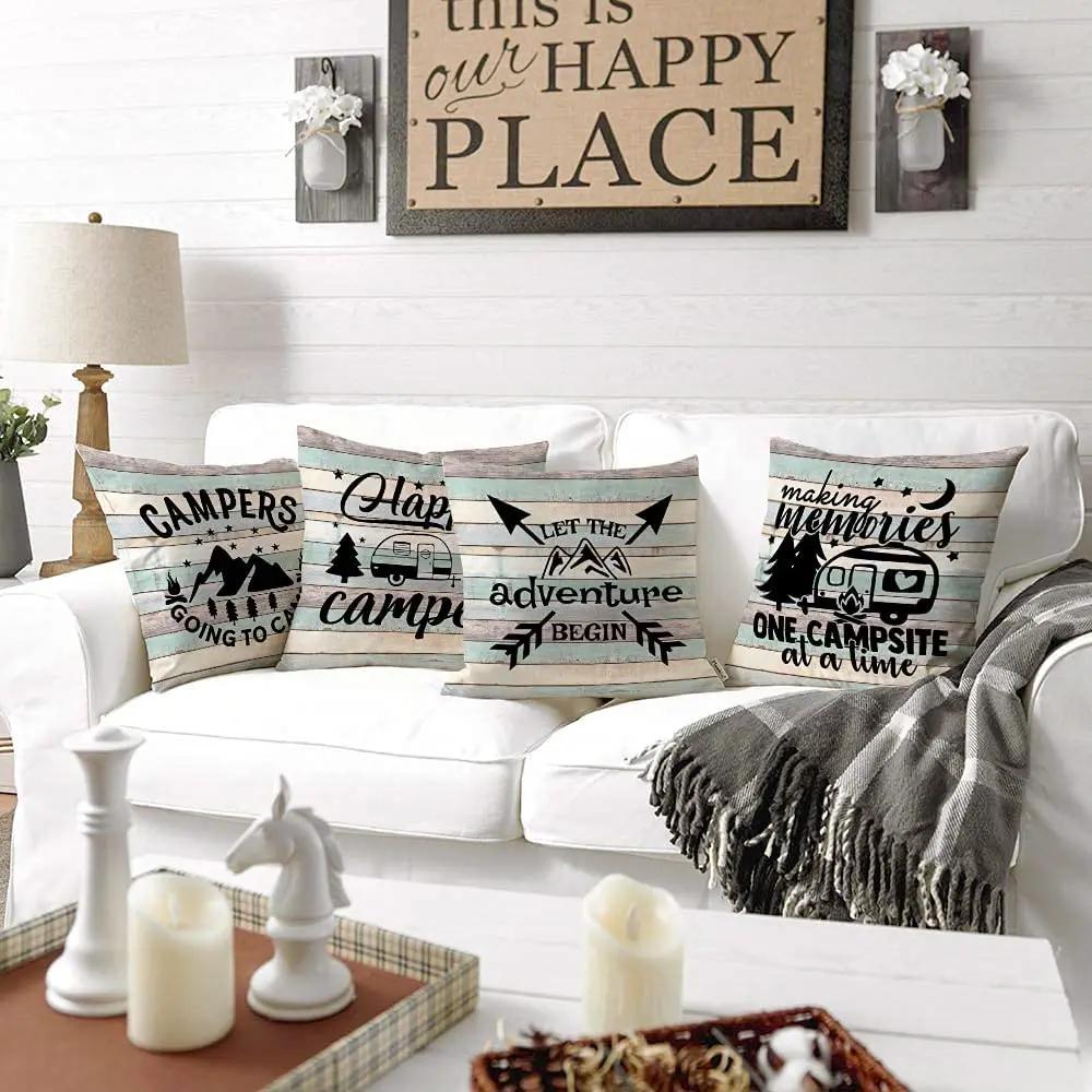 Happy Camper Pillow Cases Vintage Rustic Wood Background Inspirational Quotes Home Outdoor Decorative Cushion Cover Set of 4