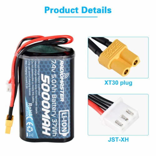 RadioMaster 7.4V 5000mAh 2S Lithium Battery for TX16S, MT12, and TX12 MK2 Transmitters with JST-XH and XT30 Connectors