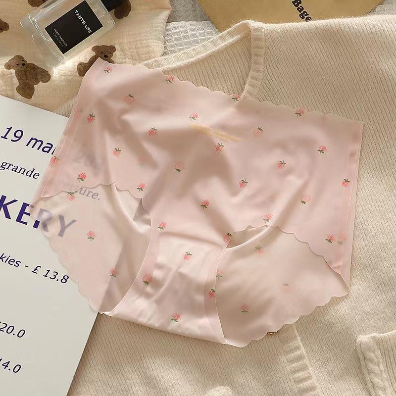 Strawberry Pattern Ice Silk Seamless Panties with Naked Sensation and Hip Hugging Triangle Women’s Panties