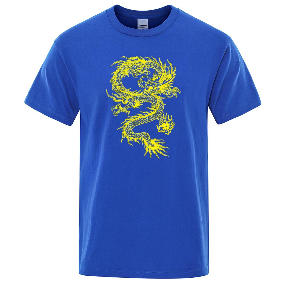 Chinese Style Yellow Dragon Printing Mens T-Shirt Cotton Loose T-Shirt Cotton Brand Oversized Streetwear Breathable Tshirt